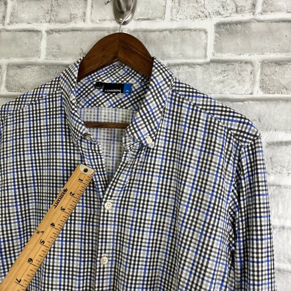 J. Lindeberg Black & Cobalt Plaid Performance Button Up Shirt Mens Large FLAWS - Picture 4 of 9